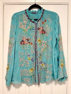 Johnny Was Turquoise Embroidered Floral Button-Front Blouse